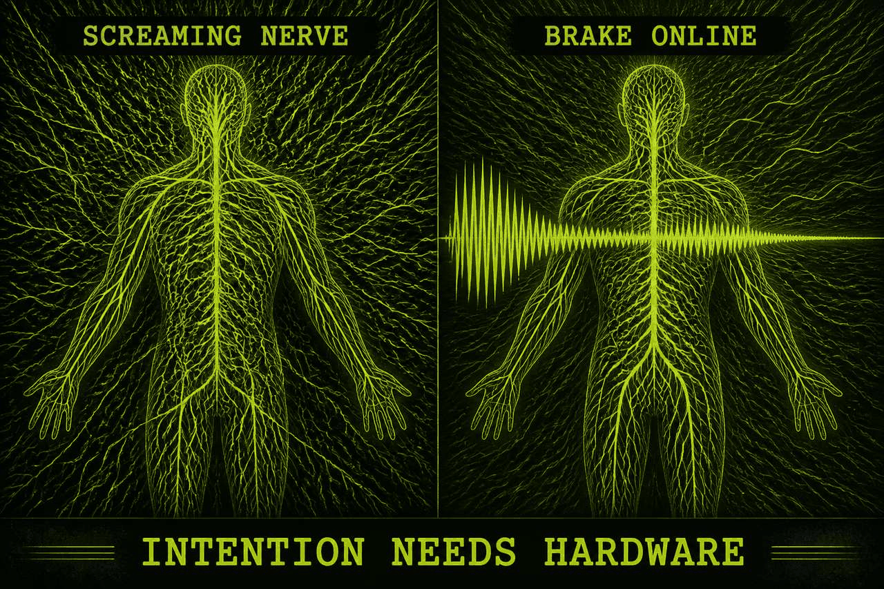 Two anatomical silhouettes. Left labeled SCREAMING NERVE with chaotic branching. Right labeled BRAKE ONLINE with a waveform that flattens. Footer: INTENTION NEEDS HARDWARE.