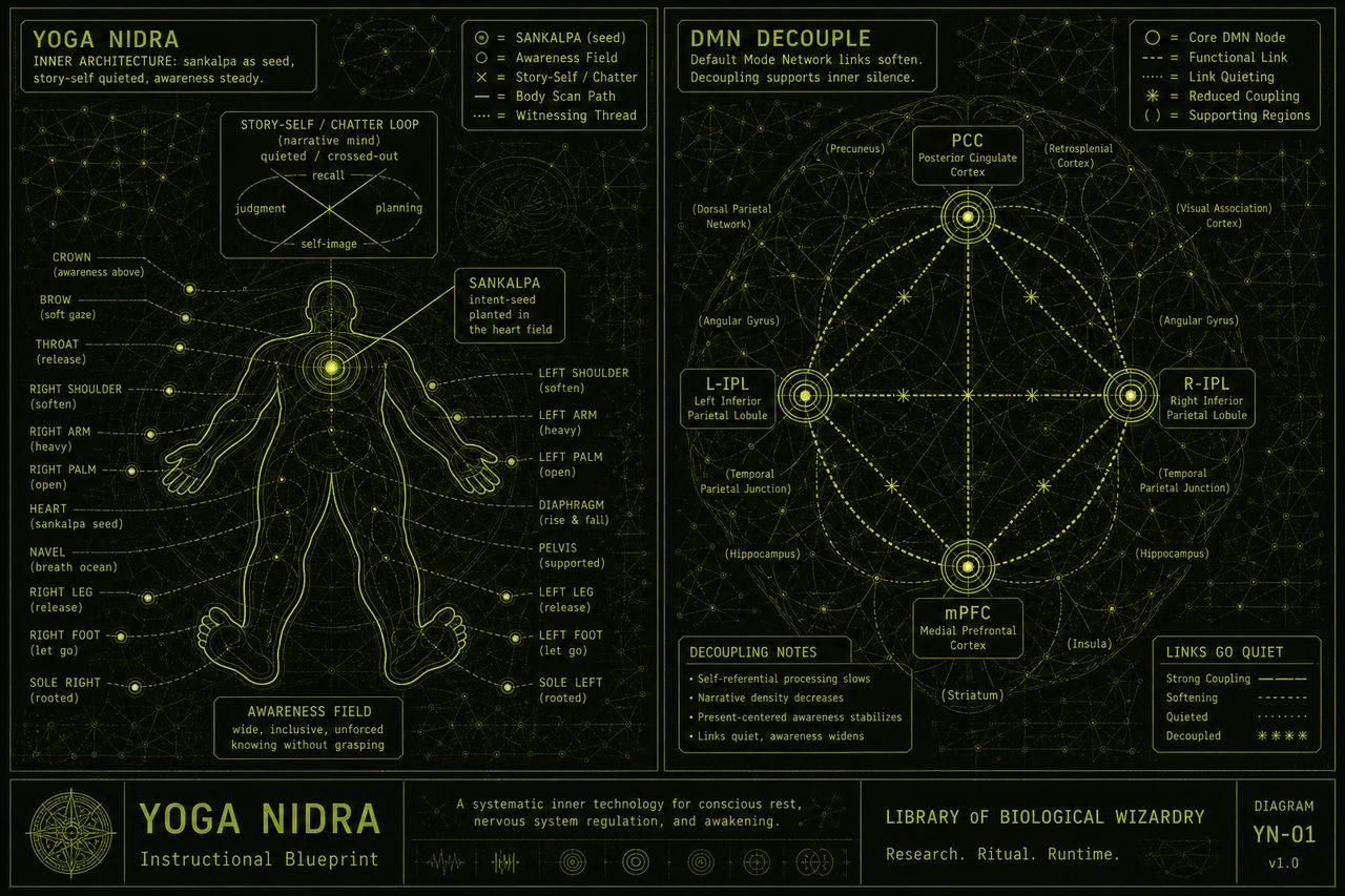 Dark lime schematic of yoga nidra as a body-scan and sankalpa beside DMN nodes with quieted links. Schematic still, not a scan.