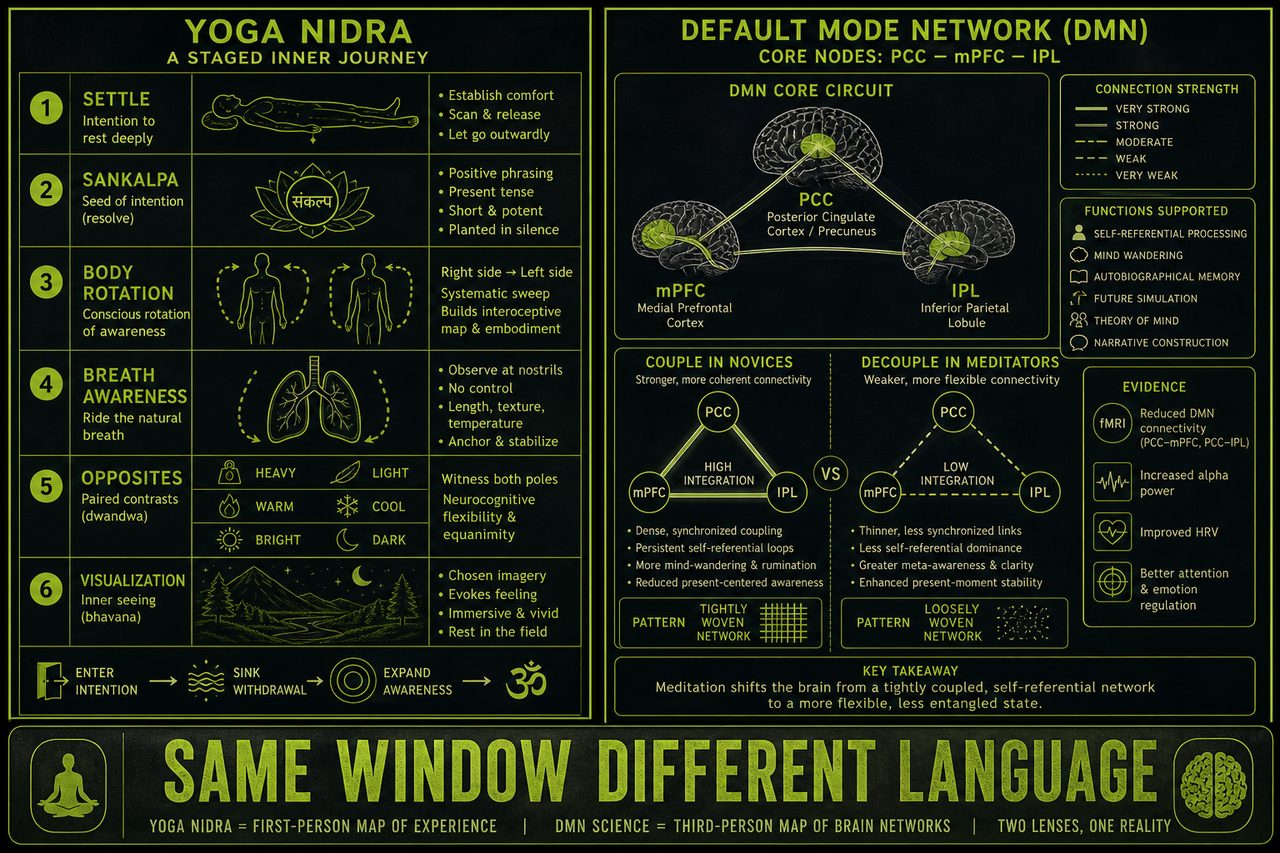 Two-panel schematic: yoga nidra stages versus DMN coupling. Footer SAME WINDOW DIFFERENT LANGUAGE. Schematic still, not a scan.